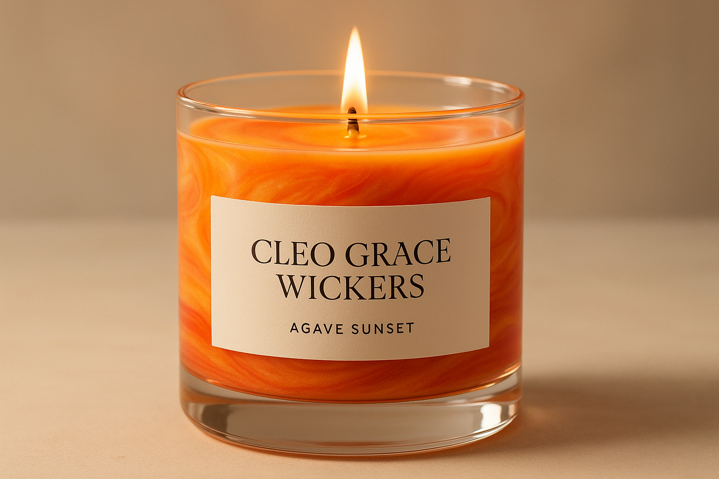 agave sunset candle with cleo Grace Wickers logo on white lable
