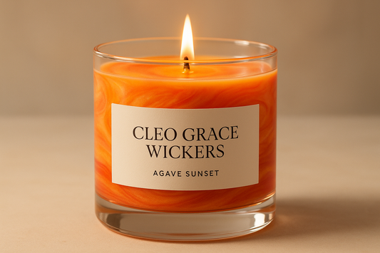 agave sunset candle with cleo Grace Wickers logo on white lable