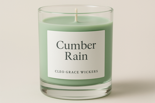 create a light green candle of Cumber Rain with Cleo Grace Wickers on a white label
