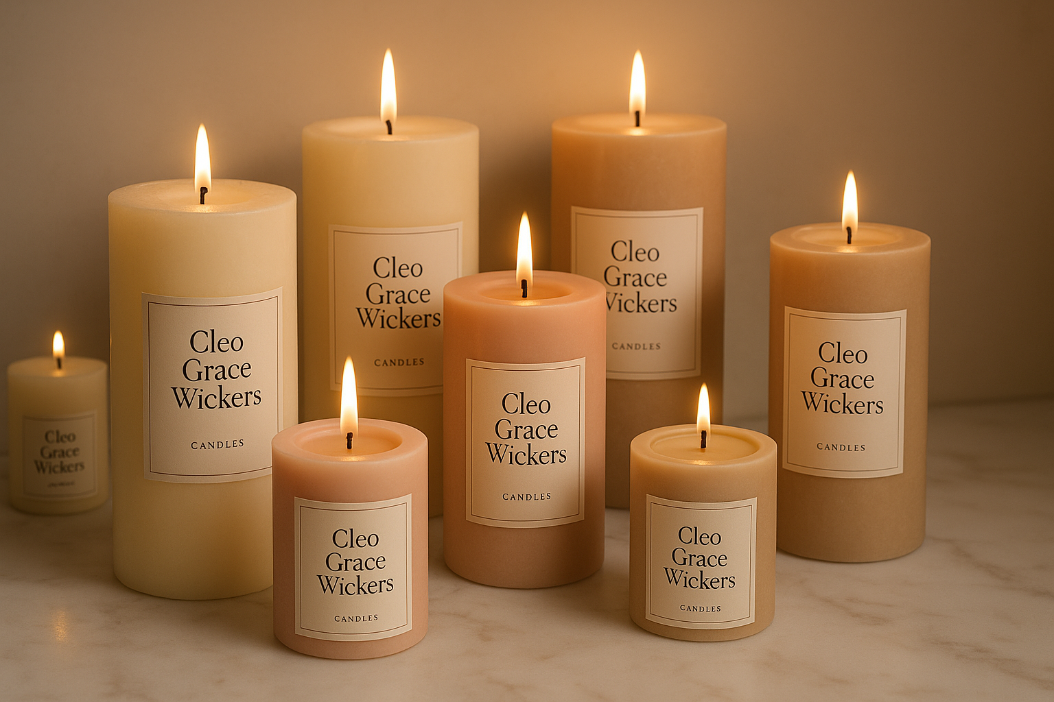 create group of candles with Cleo Grace Wickers labels on it