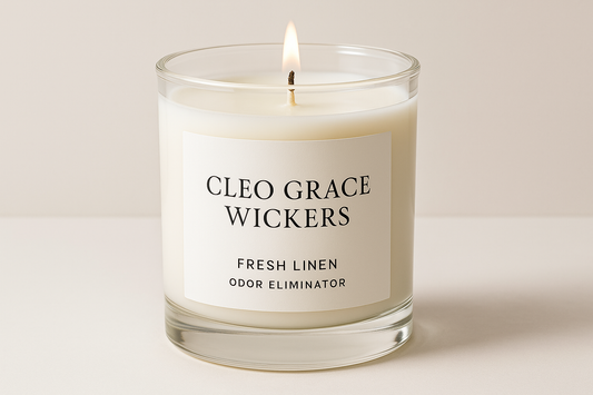 fresh linen odor eliminator candle with Cleo Grace Wickers on white label