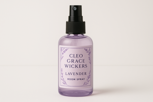 lavender room spray with Cleo Grace Wickers on label